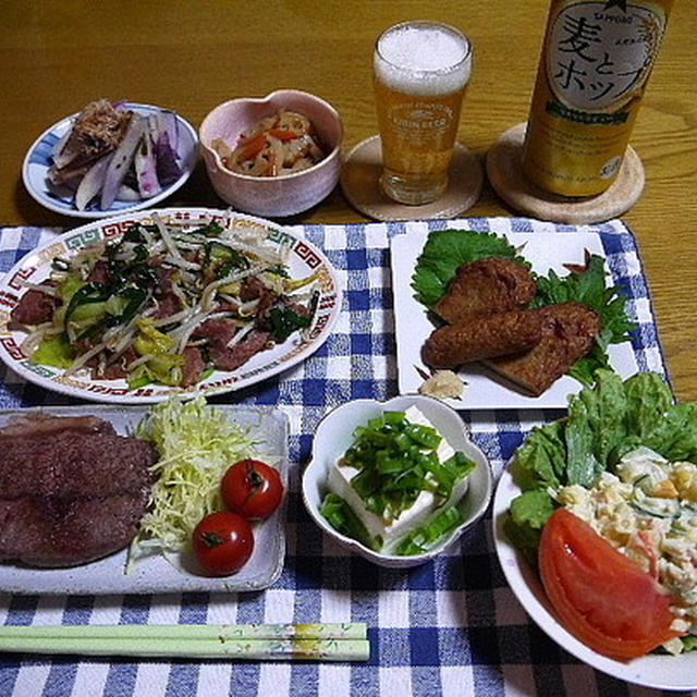【晩酌】みすじステーキ・野菜炒め・ポテトサラダ・れんこんきんぴら…