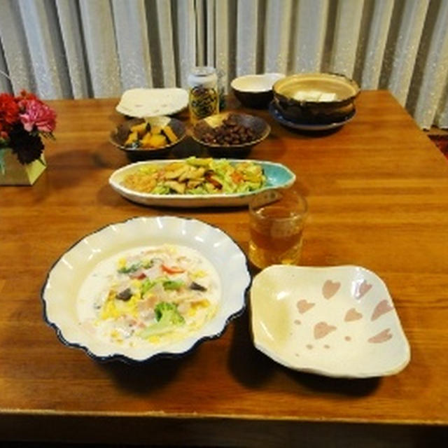 ２月１７日の夕飯　***　クリームパスタ　と　湯豆腐　***