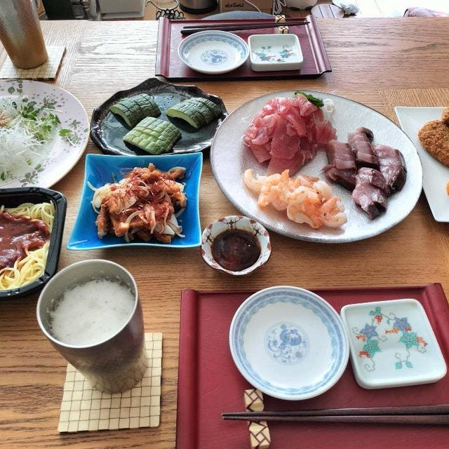お刺身、イカ南蛮漬け、ツナサラダなんかで昼呑み→晩酌の家呑み