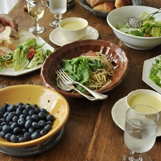 休日ブランチ◆トウモロコシの冷製スープ、クレソンと生ハムのペペロンチーノ、ちょっと涼しくなる話