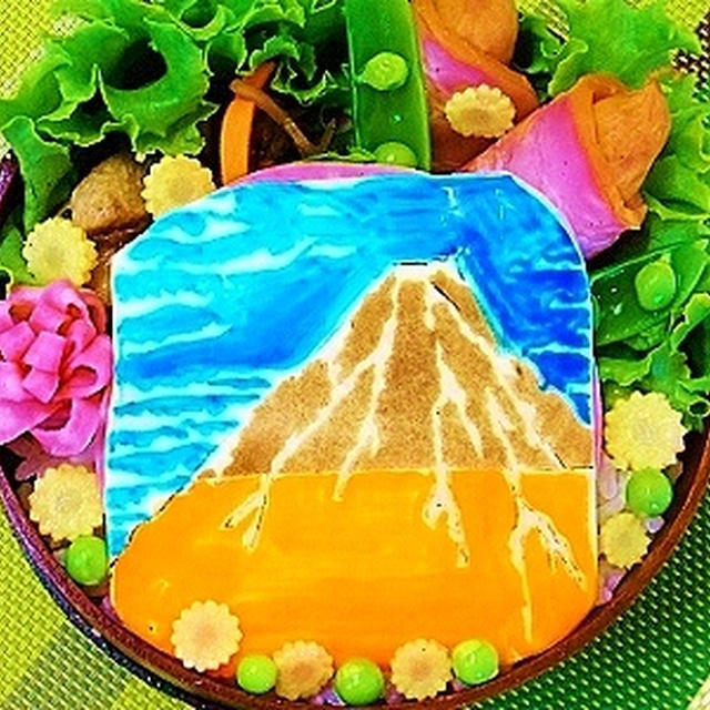 チーズアートで赤富士＆唐揚げ