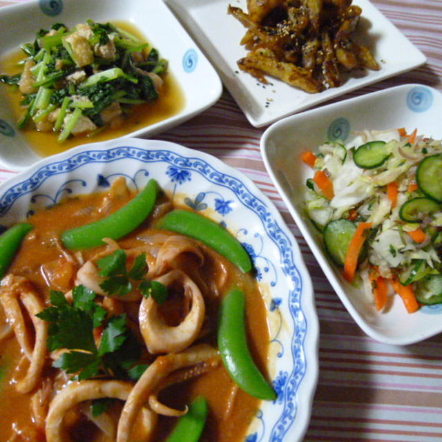 イカのトマト煮（カレー風味）と小松菜とお揚げの煮びたしの献立　夕ご飯