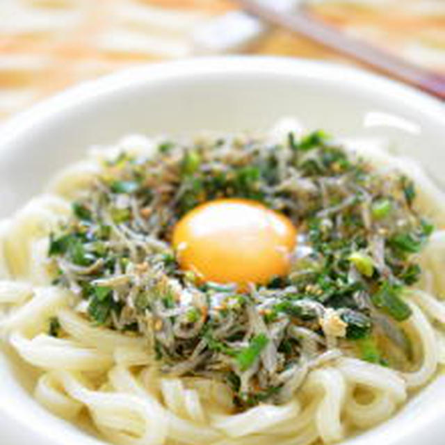 ジャコたっぷり☆ネギ塩うどん♫卵を絡めて～✿