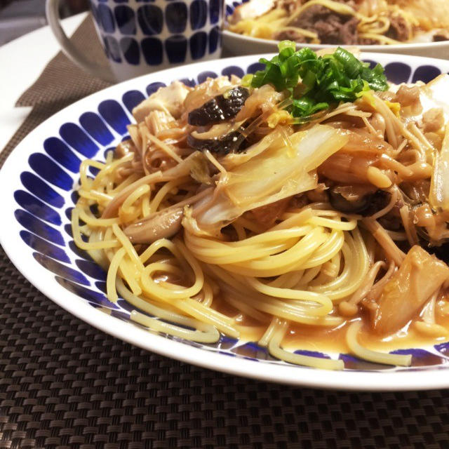 すきやきパスタ♪　出汁と麦茶