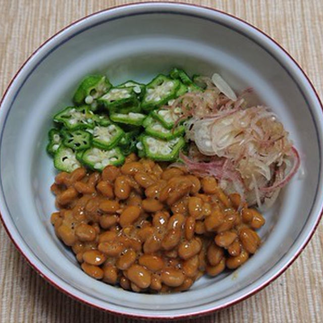 納豆とオクラとミョウガの小鉢、シマアジの刺身