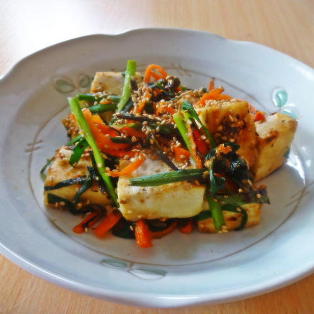 高野豆腐と香味野菜の辛し味噌炒め