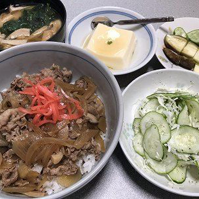 牛丼とコールスローサラダ