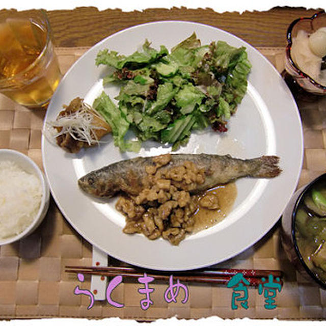 ひろりんさんからいただいたアマゴを「ムニエル」に！の定食♪ジェラートつき