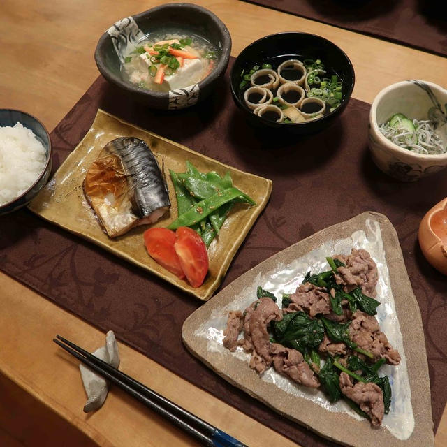 塩鯖＆牛肉と法蓮草のシンプル炒めの晩ご飯　と　萩とヤツデの花♪