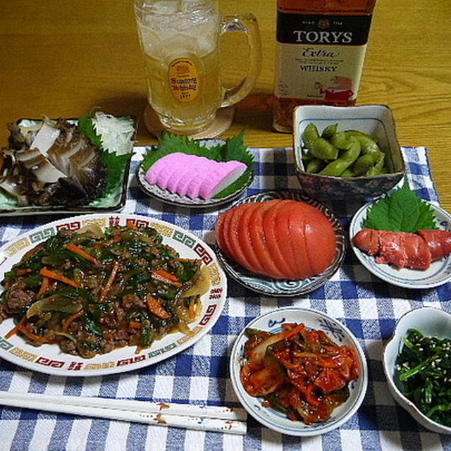 【晩酌】ニラと玉ねぎの麻婆風・あわびのお造り・枝豆…