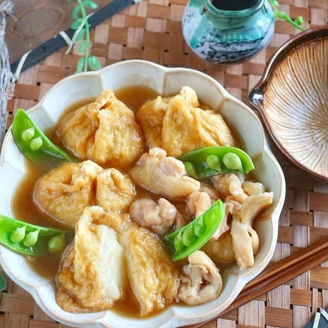 甘辛味がじゅわ～鶏肉とモチモチ♪豆腐もちの油揚げの袋煮