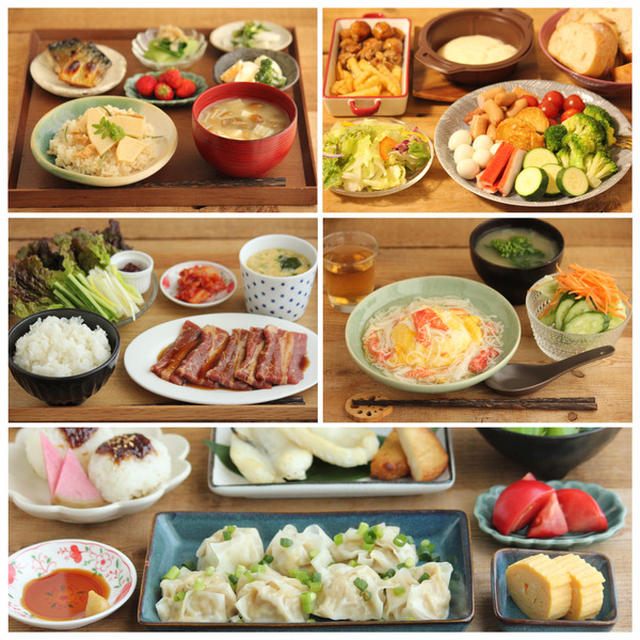 1週間献立（たけのこご飯にカニカマ天津飯、レンチン焼売など）