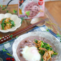 レンジで2分半！『豚肉とニラの中華和え』と温玉で朝のお粥さん♪