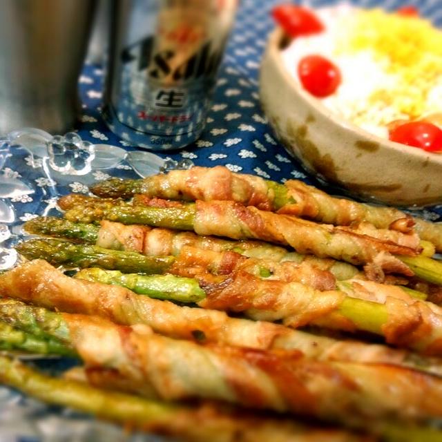 豚肉の　ｱｽﾊﾟﾗ巻き♪　童話作家になりたくて(笑)