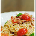 赤タマネギを使ったツナとミニトマトの冷製スパゲッティーニ