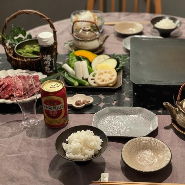 焼き肉と、椎茸の土瓶蒸しの夜ごはん