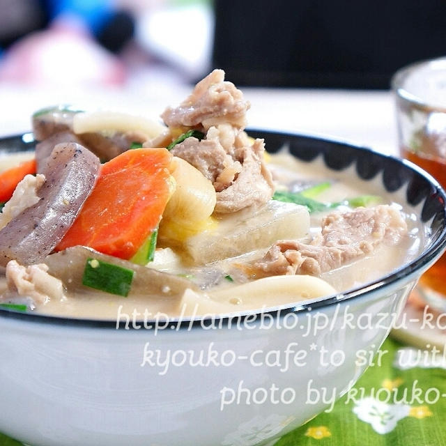 夜カフェ☆風邪引きさんに！粕豚汁うどん(レシピ)お弁当