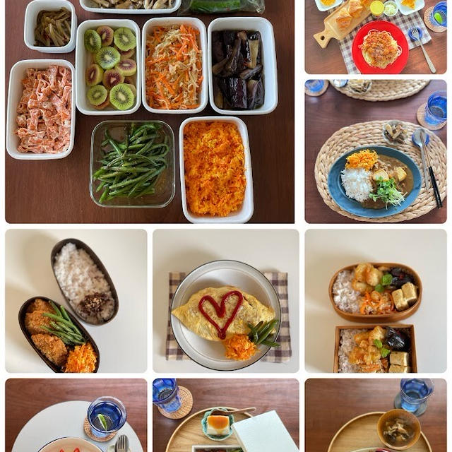 先週1週間のつくりおきおかずと、それを使って作る昼ごはん、晩ごはん、お弁当まとめ