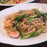 季節のアスパラ☆海老＆アスパラ＆ベーコンのパスタ