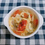 タナカの「ごはんにまぜて 若菜と鮭」で、トマトと春雨の鮭風味かきたまスープ