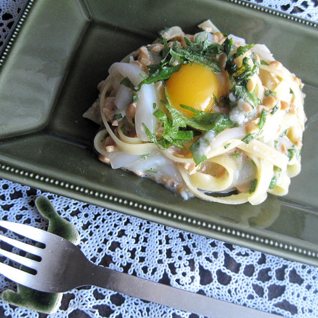 塩麹イカ納豆のパスタ