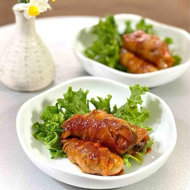 牡蠣の豚バラ肉巻き　コチュジャン照り焼き