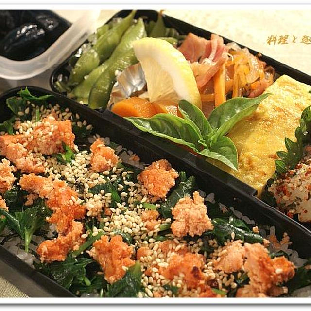 《男の夏弁当》シリーズNO,3　辛子明太子茶漬け／朝弁はおにぎり／南瓜のスープです。