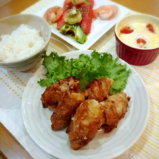 晩御飯。豚肉のネギ巻きから揚げ。