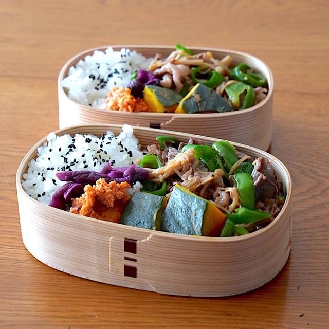 きょうの曲げわっぱ弁当：牛肉とえのきとピーマンの甘辛炒め