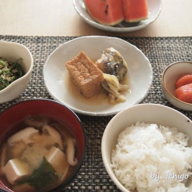 サバ缶・茗荷・厚揚げの南蛮煮でお昼ごはん