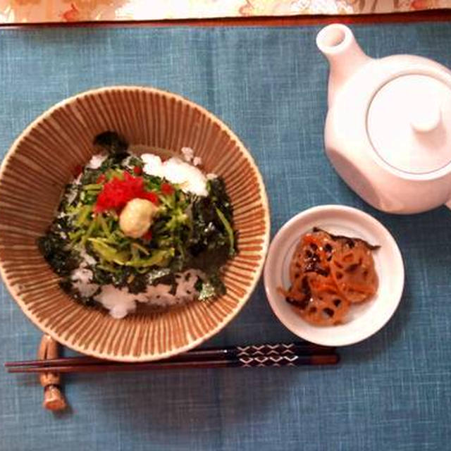京壬生菜茶漬け ～ かりかり梅と海苔とわさび, 玄米茶