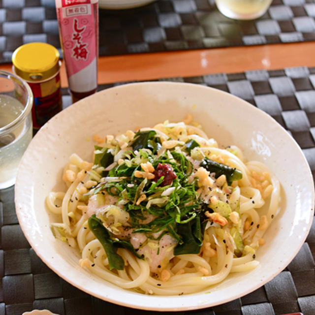 ８月１９日　水曜日　青しそわかめの梅とろろうどんと、とろろ鉄火丼