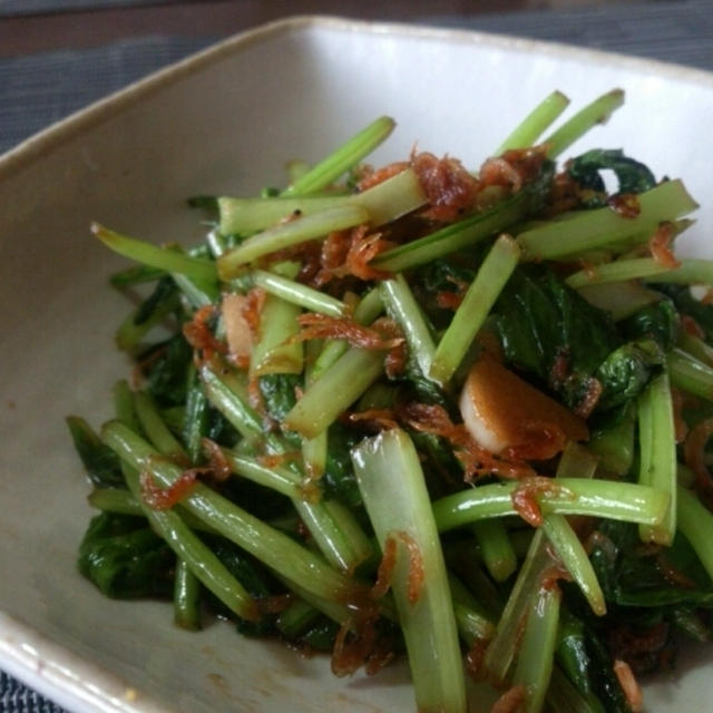 かぶの葉と桜えびの油炒め からの 和風パスタ～☆