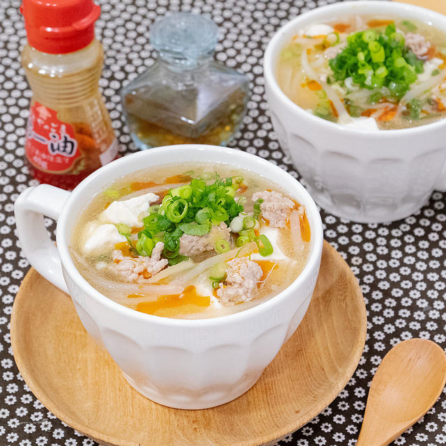 生姜でぽかぽか( ⸝⸝•ᴗ•⸝⸝ )豆腐とひき肉もやしのとろみスープ♡