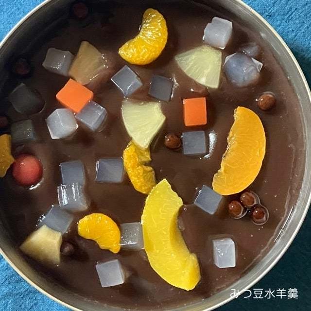 今日のおやつは　みつ豆水羊羹　レシピ付き