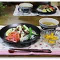 豚肉のコロコロねぎマヨソース丼　夏野菜添え＆カボチャとサツマイモの　サラダ