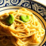 休日は昼からシャンパーニュ、そら豆のたらこ豆乳クリームスパゲッティーニ
