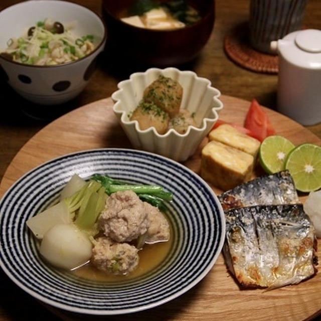 ふっくら♪鶏だんごとかぶの煮物。お魚プレート。