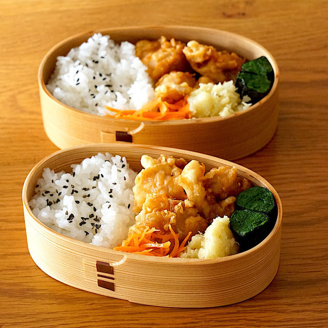 きょうの曲げわっぱべんとう、やさしい味のふわっとした唐揚げ弁当［2020.10.21］