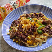 本みりんちょい足し！とうもろこし煮あずき入り栄養満点♡夏に食べたい焼うどん♪