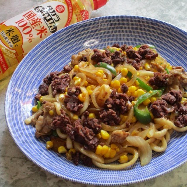 本みりんちょい足し！とうもろこし煮あずき入り栄養満点♡夏に食べたい焼うどん♪