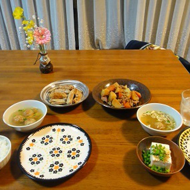 ３月１４日の夕飯　***　手羽中焼きの質素な夕飯　***