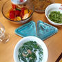 モロヘイヤと鶏セセリのスープ、焼き野菜マリネ