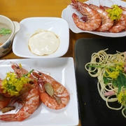 いただきエビ料理とパスタ～