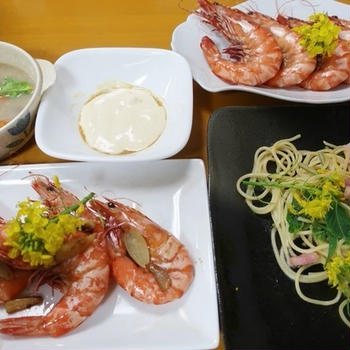いただきエビ料理とパスタ～