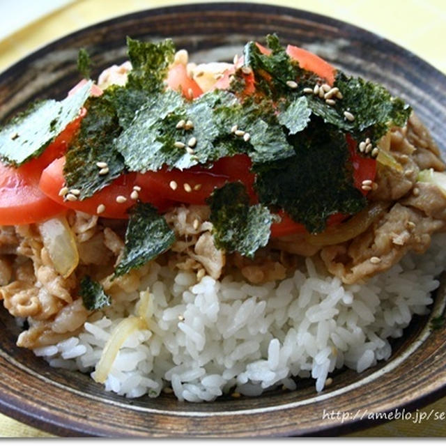 １０分で出来上がる！トマトと酢でさっぱり豚丼ヽ(´▽｀)/