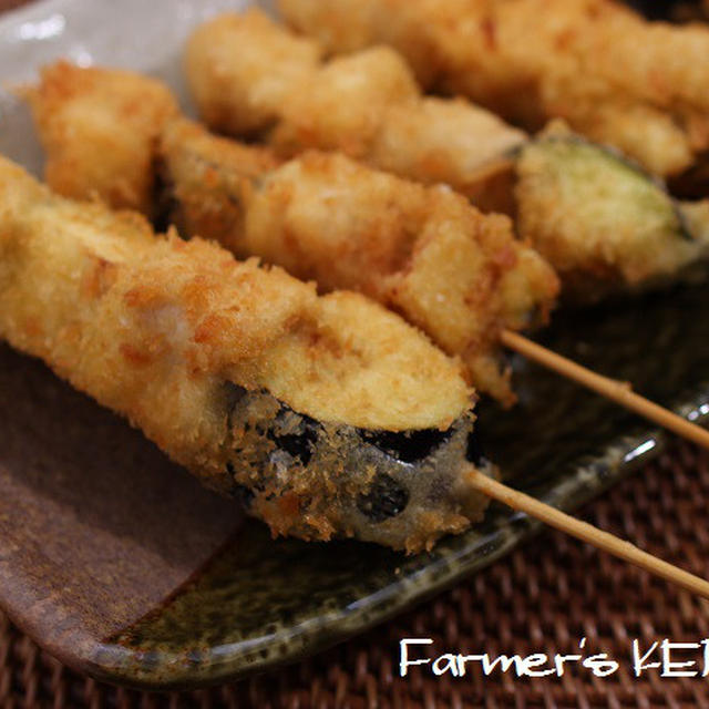 【晩ごはん】なすとささみの串揚げ、こんにゃくステーキ他。