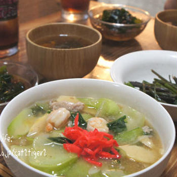 夜ごはん　海老と豚のチンゲン菜あんかけ