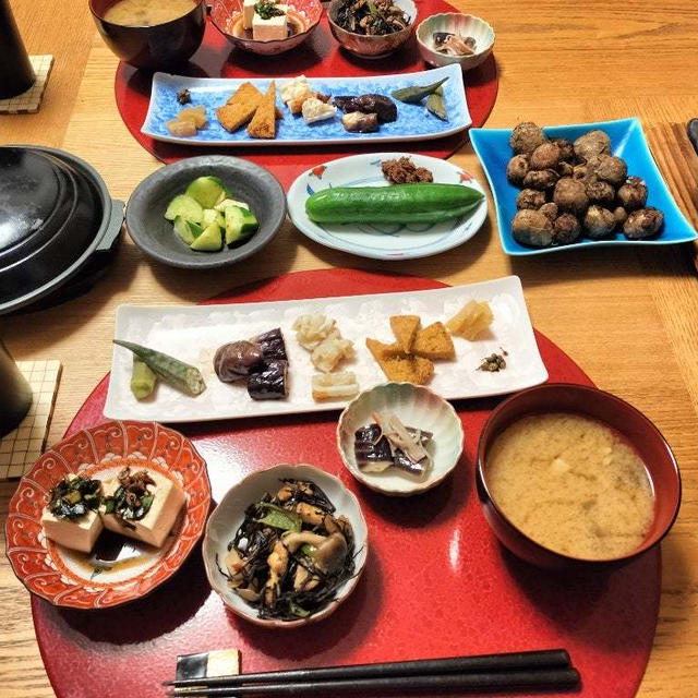 鯵ごはん、小松菜とイロイロのたまごとじ、レンチン里芋や小鉢9品で晩酌