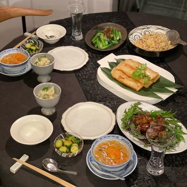 大根とエビの春巻、ロール豚肉酢豚、炒飯、青菜炒め、サンラータンとかの夜ごはん